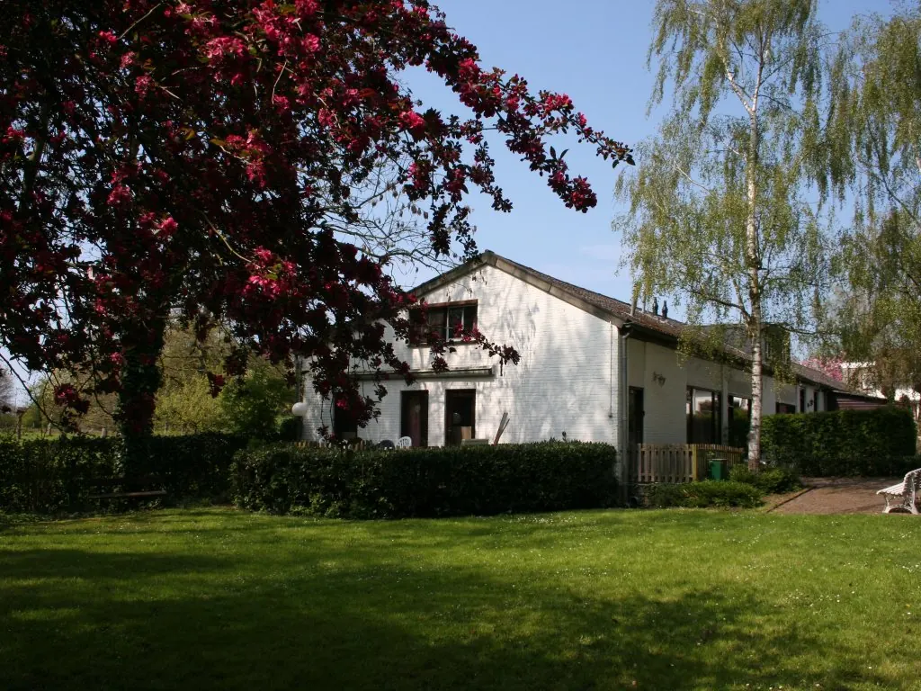 One of the houses in spring, with a tree in blossom on the lawn